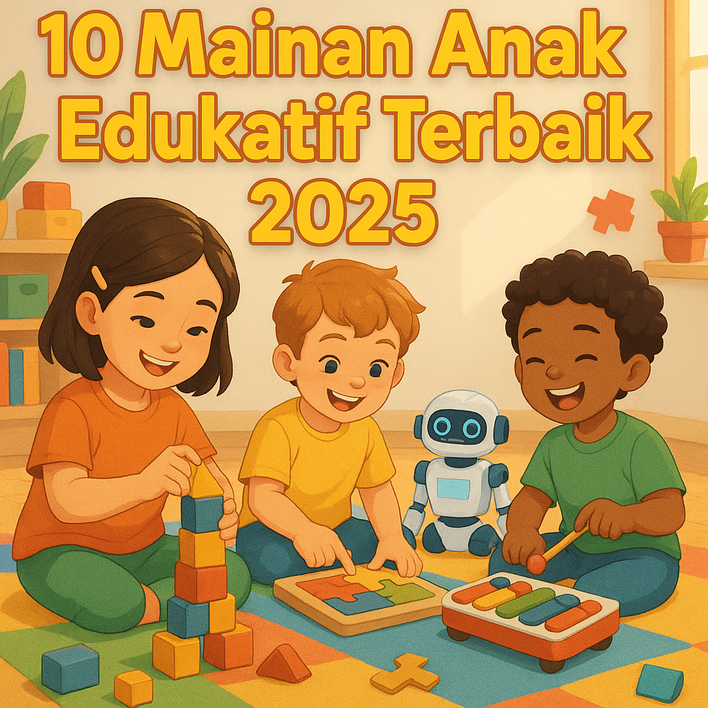 Anak-anak bermain dengan mainan edukatif seperti balok kayu, puzzle, dan alat musik mini di ruang bermain cerah dan menyenangkan.